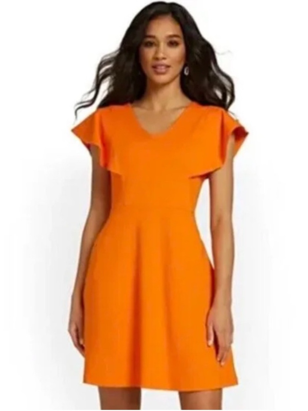 New York & Company Orange Flutter Sleeve Fit & Flare Dress Medium